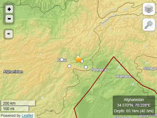 阿富汗与巴基斯坦边界地区发生5.7级地震。（图片来源：美国地质勘探局）