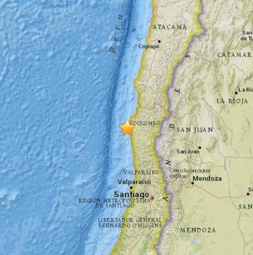 智利西部海岸发生5.5级地震震源深度24.4公里
